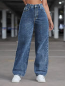 Pantalón de jean wide leg tipo palazzo, tiro alto, de tela